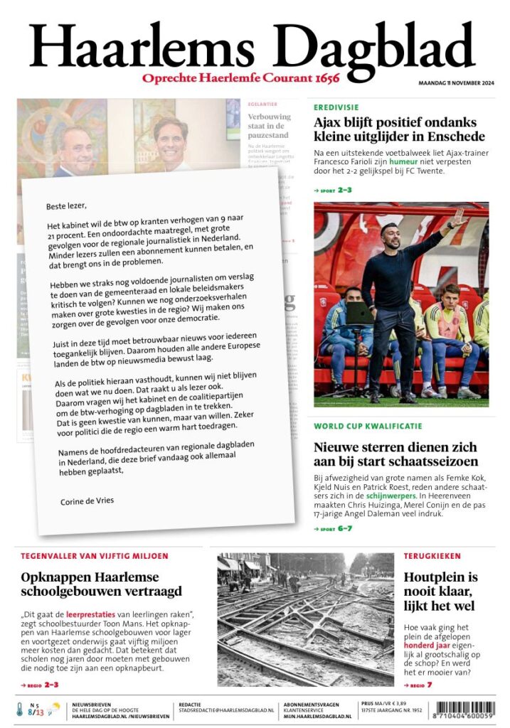 Voorpagina Haarlems Dagblad met open brief aan lezers