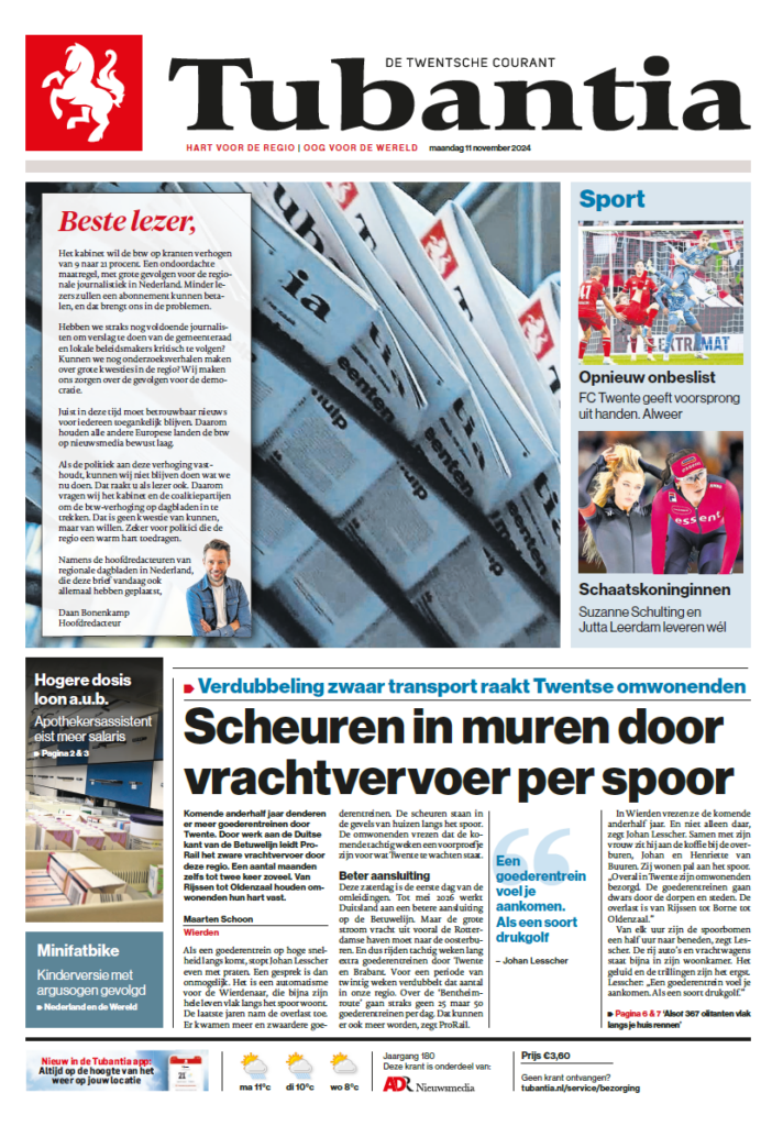 Voorpagina Tubantia met open brief aan lezers